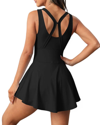 Gyiefcg Womens Sleeveless 2-in-1 Athletic Tennis Golf Dress Underneath Workout Active Dresses with Built-in Shorts Black