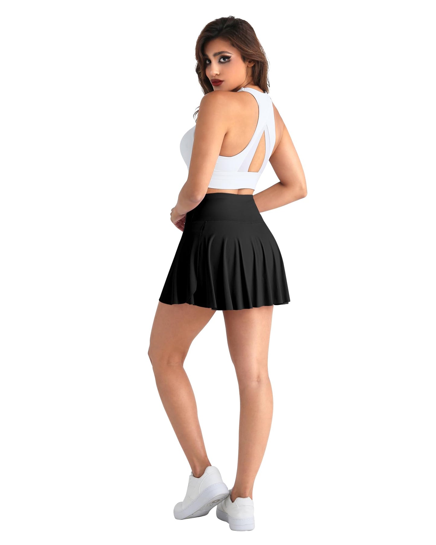 CHRLEISURE Women Tennis Golf Skirt with Pockets - High Waisted Crossover Golf Pleated Athletic Workout Dress Running Skort(AMZ70,Black,M)