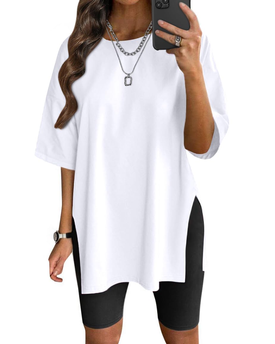 VNIRA Oversized T Shirt for Women Losse Fit Cotton Short Sleeve Workout Top Summer Casual Blouse Basic Split Hem Tee Tops White