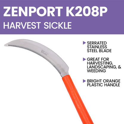 Zenport K208P Harvest Sickle with Plastic Handle, Light Serration, 6.5-Inch Stainless Steel Blade , Orange