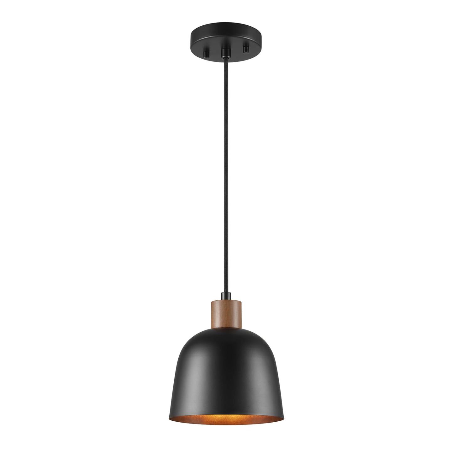 GLOBE Electric 67000193 1-Light Pendant Lighting, Matte Black, Wood-Toned Accent on Socket, 5ft Black Fabric Cord, Home Improvement, Kitchen, Living Room, Hanging Ceiling Light