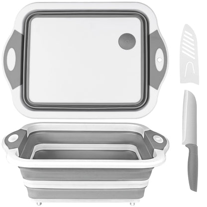 QiMH Collapsible Cutting Board - Foldable Multi-function Dish Tub - Washing and Draining Veggies Fruits Food Grade Sink Storage Basket(8.5 Quart) - New Kitchen and Camping Essentials(Knife Included)