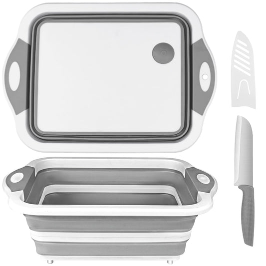 QiMH Collapsible Cutting Board - Foldable Multi-function Dish Tub - Washing and Draining Veggies Fruits Food Grade Sink Storage Basket(8.5 Quart) - New Kitchen and Camping Essentials(Knife Included)