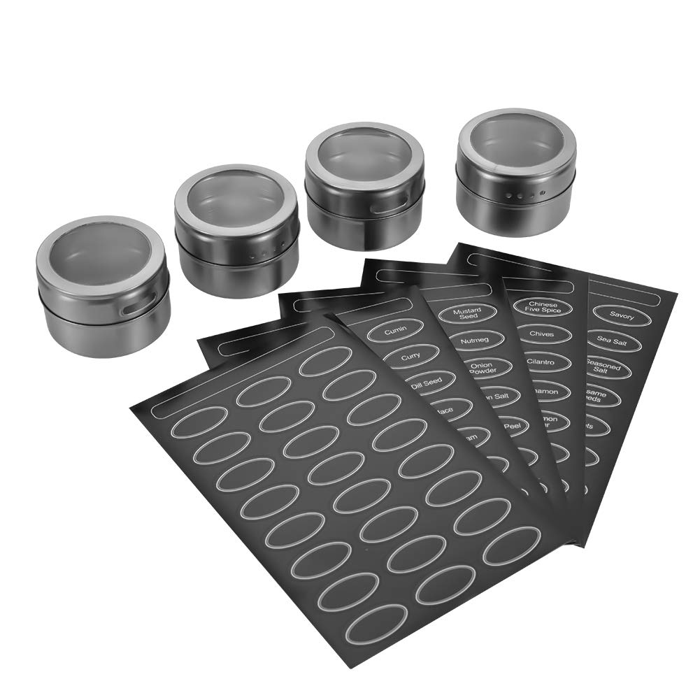 Sanvcomy 12 Powerful Magnetic Spice Tins- Stainless Steel Spice Storage Containers, Kitchen Spice Jars with Clear Lid with Sift & Pour, Rack Magnetic on Fridge, 120 Spice Labels