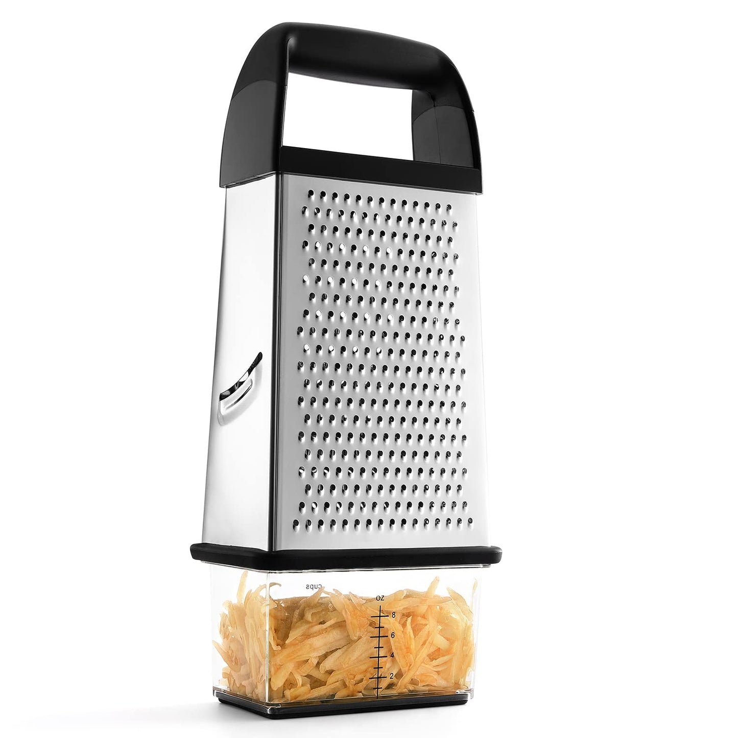 Spring Chef Professional 10" Parmesan Cheese Grater With Container, Stainless Steel & Soft Grip Handle, 4 Sided Kitchen Cheese Shredder, Handheld Box Grater for Vegetables, Potato, Carrot - Black