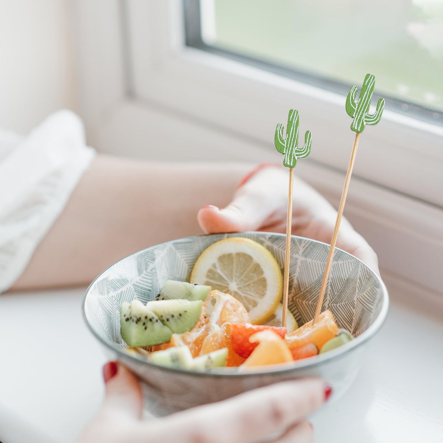 PuTwo Cocktail Picks Handmade Bamboo Toothpicks 100pcs 4.7” in Green Cacti