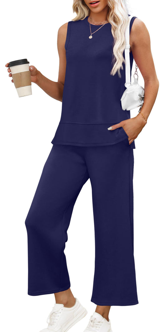 XIEERDUO Sweatsuit for Women Two Piece Travel Cruise Outfits Summer Lounge Set Spring Airport Tracksuit Resort Wear Loungewear Casual Trendy Clothing Vacation Clothes Navy L