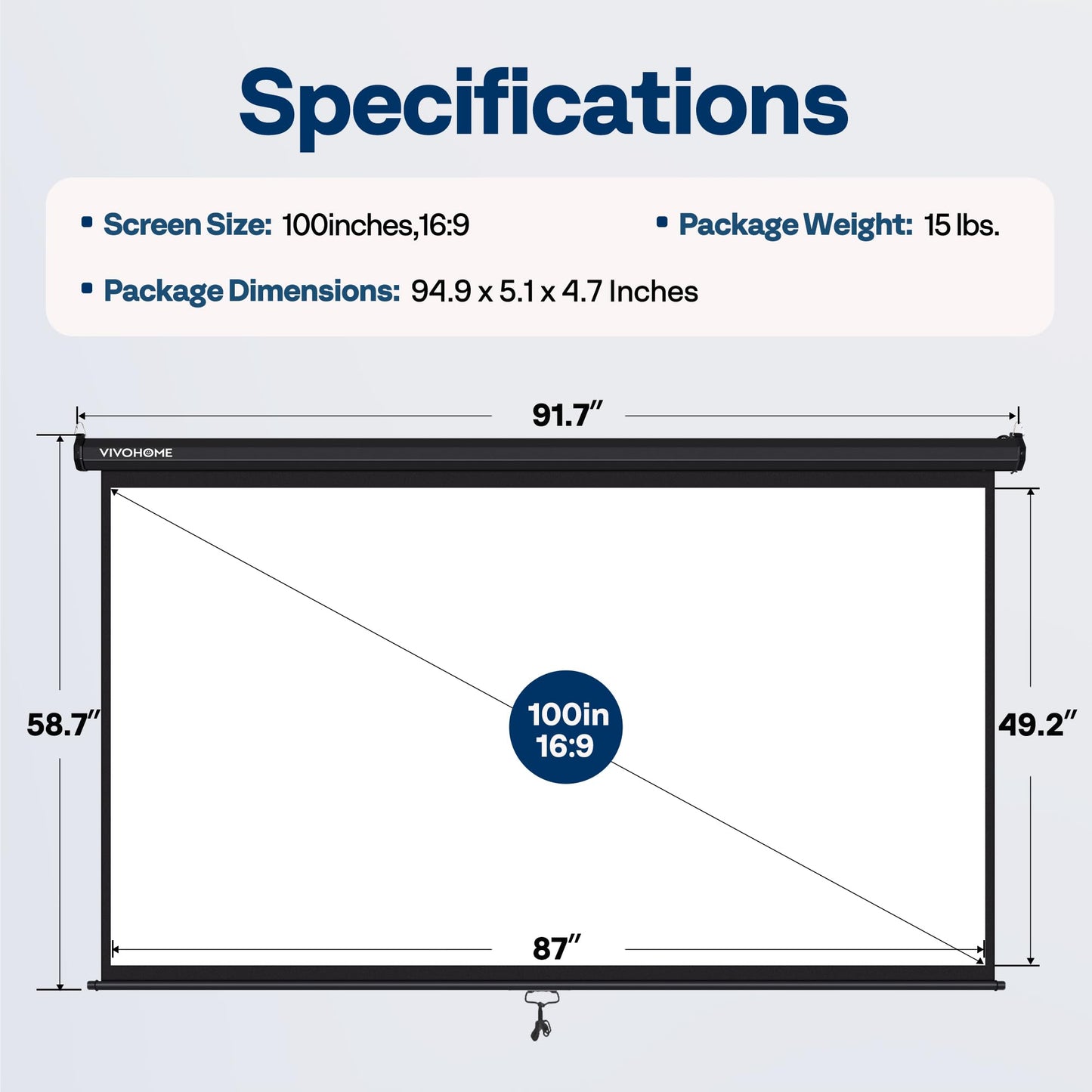 VIVOHOME Projector Screen Pull Down, 16:9 100 Inch Retractable Projection Screen, HD 4K Manual Pull Movie Screen for Home Theater, Cinema, Office (87x49 Inch Black)