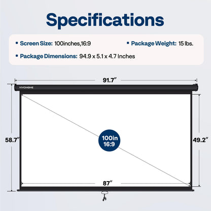 VIVOHOME Projector Screen Pull Down, 16:9 100 Inch Retractable Projection Screen, HD 4K Manual Pull Movie Screen for Home Theater, Cinema, Office (87x49 Inch Black)