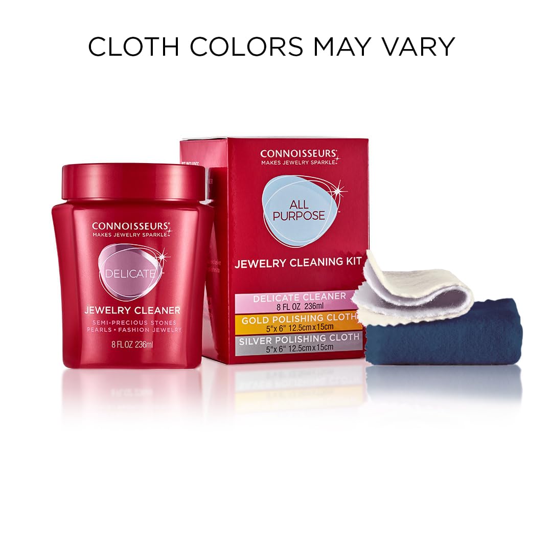 CONNOISSEURS All-Purpose Jewelry Cleaning Kit - Includes Delicate Jewelry Cleaner Solution and 2 Polishing Cloths