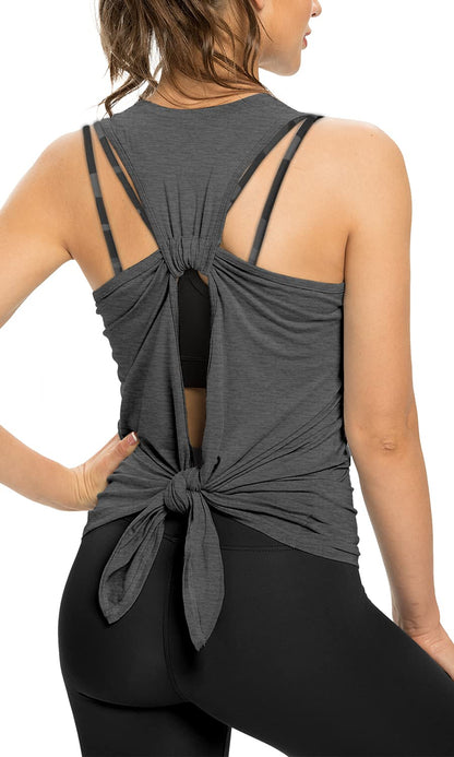 Sanutch Open Back Workout Tops for Women Athletic Running Shirts Tie Back Workout Tank Heather Gray XL