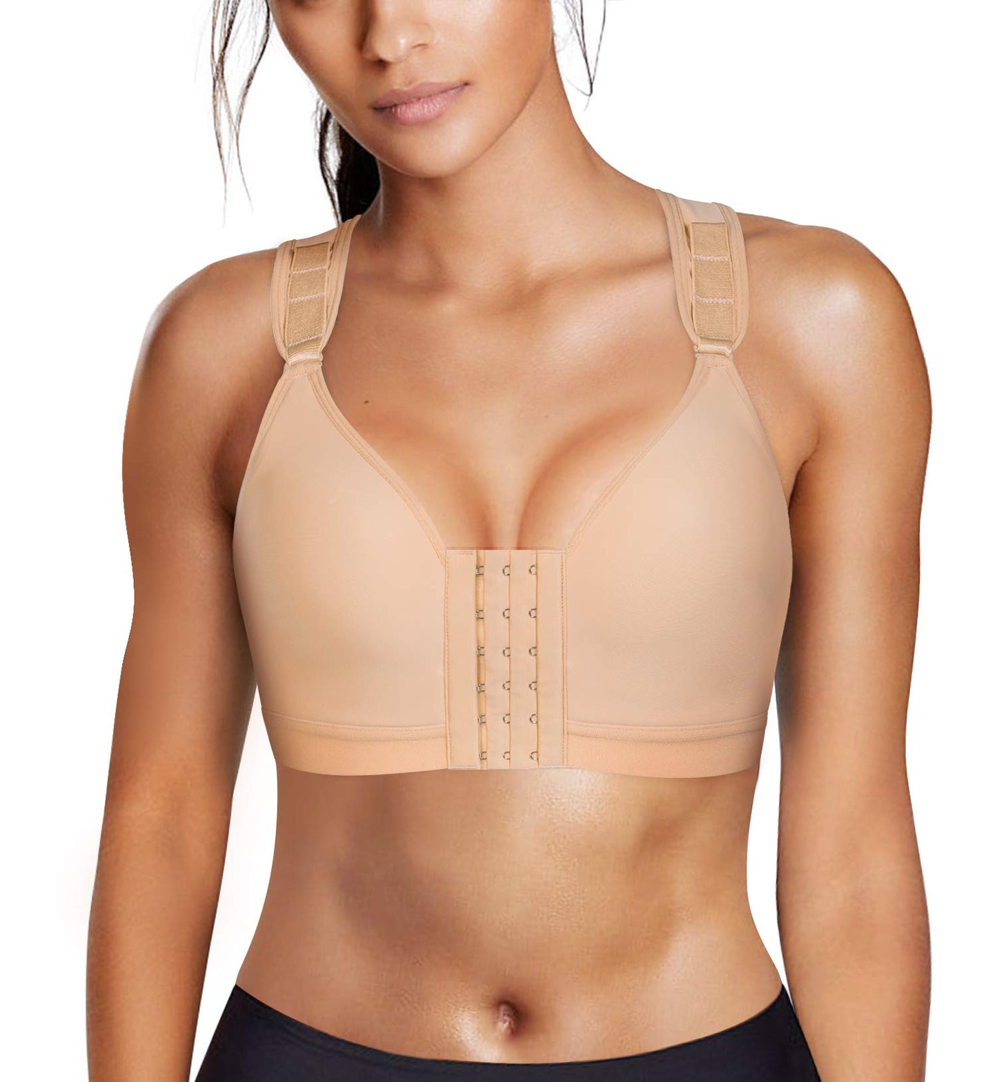 Wonderience Sports Support Bra Post-Surgical Wide Adjustable Straps with Front Closure Wirefree (Beige, Large)