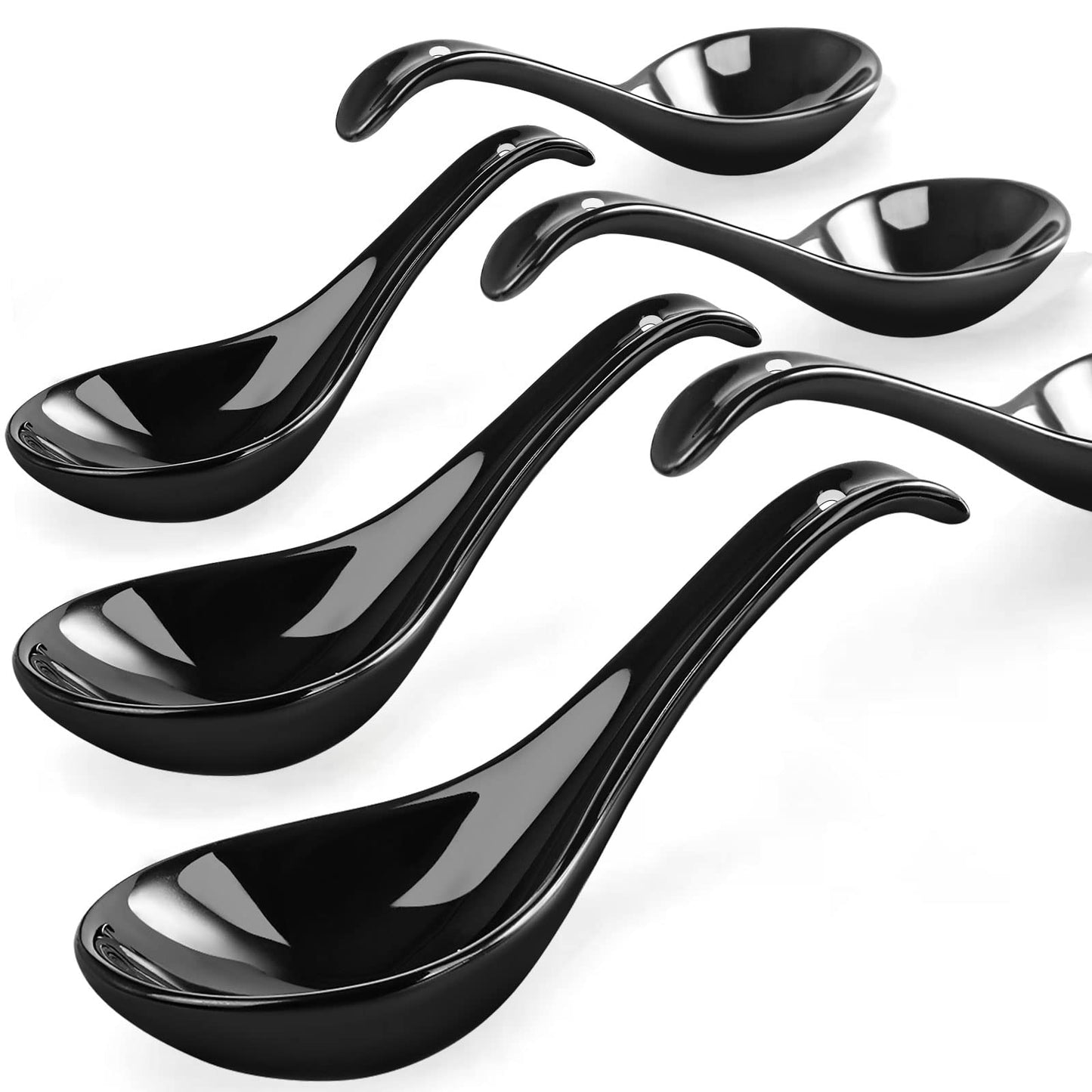 Wareland Black Ceramic Soup Spoons Set, 6.75 inch Deep Oval Hook Design, Dishwasher Safe - Perfect for Ramen, Pho, Noodles, Stews, Wonton, Dumpling, Miso