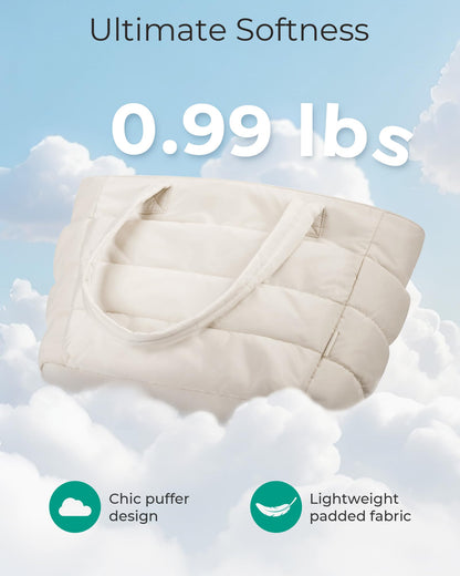 BAGSMART Tote Bag for Women, Lightweight Puffy Tote Bag with Compartments Shoulder Bag Handbag Quilted Shoulder Bag Handbag for Travel, Work, Beach, Gym, Shop(Beige)