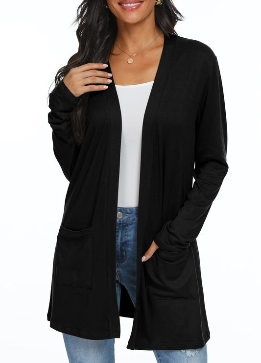 QIXING Womens Cardigan with Pocketes Long Sleeve Casual Lightweight Open Front Cardigan