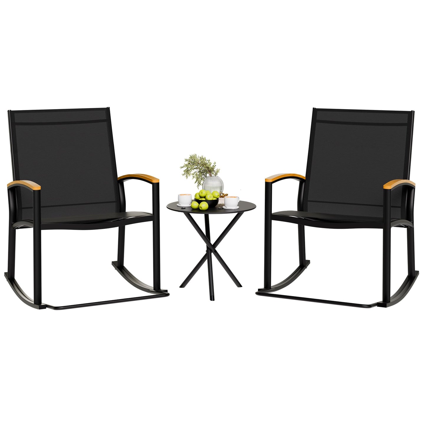 Shintenchi 3 Piece Outdoor Rocking Bistro Set, Textilene Fabric Small Patio Furniture Set, Front Porch Rocker Chairs Conversation Set with Table for Lawn, Garden, Balcony, Poolside (Black)