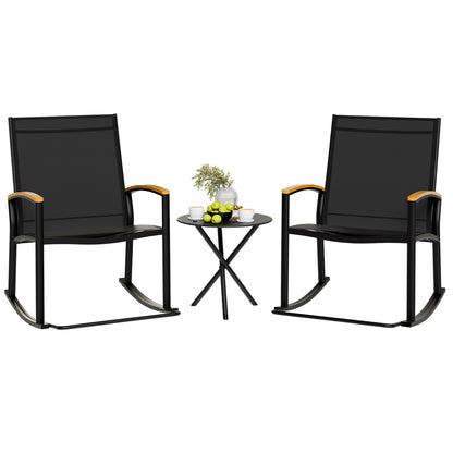 Shintenchi 3 Piece Outdoor Rocking Bistro Set, Textilene Fabric Small Patio Furniture Set, Front Porch Rocker Chairs Conversation Set with Table for Lawn, Garden, Balcony, Poolside (Black)