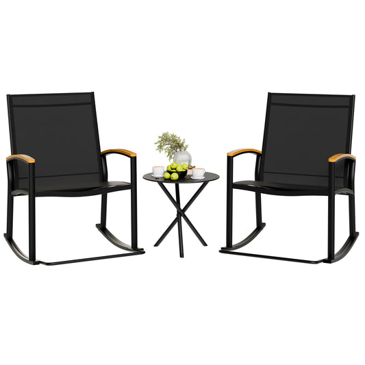 Shintenchi 3 Piece Outdoor Rocking Bistro Set, Textilene Fabric Small Patio Furniture Set, Front Porch Rocker Chairs Conversation Set with Table for Lawn, Garden, Balcony, Poolside (Black)
