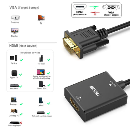 BENFEI HDMI to VGA, Uni-Directional HDMI Computer to VGA Monitor Adapter (Female to Male) with 3.5mm Audio Jack Compatible with TV Stick, Computer, Desktop, Laptop, PC, Monitor, Projector, Roku, Xbox