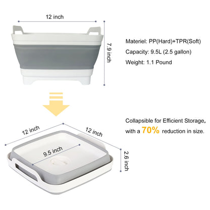 Collapsible Dish Basin & Sink Tub with Drain Plug – 2.4 Gal Baby Bottle Wash Basin, Bottle Washing Bin for RV, Camping, Kitchen | Collapsible Water & Bottle Basin (Grey)