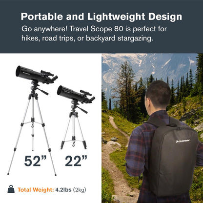 Celestron Travel Scope 80 Portable Refractor Telescope – 80mm Aperture, Fully-Coated Glass Optics – Includes Tripod, Smartphone Adapter, Backpack & Software – Ideal for Beginners & Travel