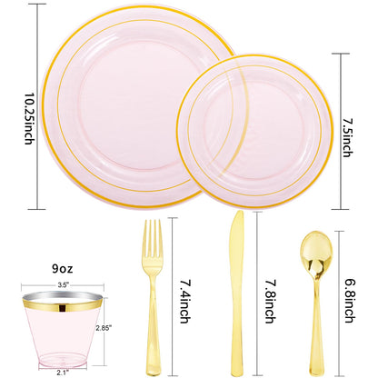WELLIFE 210Pcs Clear-Pink Plastic Dinnerware- Pink and Gold Plastic Dinnerware include 30 Dinner Plates, 30 Dessert Plates, 90 Gold Silverware, 30 Cups and 30 Napkins Perfect for Parties