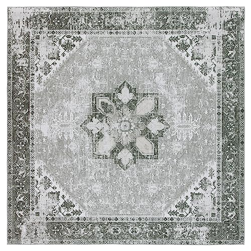 SAFAVIEH Tucson Collection Area Rug - 10' Square, Dark Sage/Ivory, Geometric Design, Machine Washable Indoor/Outdoor & Washable-Ideal for Patio, Backyard, Mudroom (TSN102F)