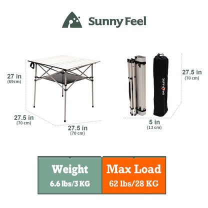 SUNNYFEEL Outdoor Folding Table | Lightweight Compact Aluminum Camping Table, Roll Up Top 4 People Portable Camp Square Tables with Carry Bag for Picnic/Cooking/Beach/Travel/BBQ