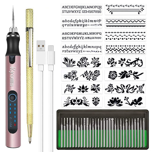 Rechargeable cordless Electric Micro Engraver Pen Mini DIY Engraving Tool Kit for Metal Glass Ceramic Plastic Wood Jewelry with 30 Bits and 16 Stencils and 1 Scriber Pen (Rose gold)