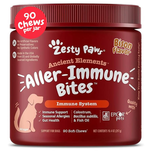 Zesty Paws Dog Allergy Relief - Anti Itch Supplement - Omega 3 Probiotics for Dogs - Digestive Health - Soft Chews for Skin & Seasonal Allergies - with Epicor Pets - Bison - 90ct