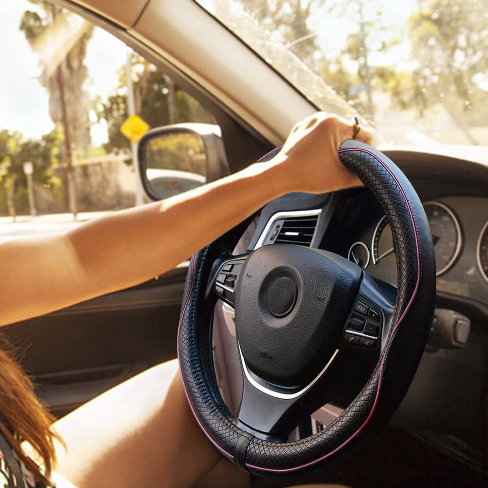 Rueesh Microfiber Leather Steering Wheel Cover Anti-Slip Matte Finish Auto Car Wheel Cover Universal 15 Inch Wheel Cover for Car Embossing Pattern (Pink Line)