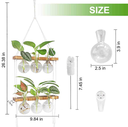 Renmxj Plant Propagation Station Wall Hanging, Plant Terrarium with 2 Tiered Wooden Stand for Hydroponics Plants, Unique Gardening Gifts for Women Mom Plants Lovers - 6 Bulb Glass Vases