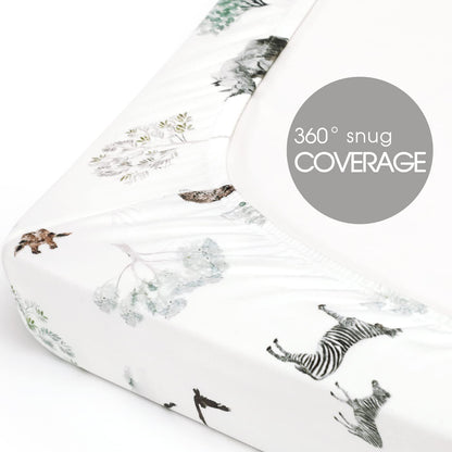 Stretchy Ultra Soft Jersey Knit Pack n Play Sheets Set 3 Pack, Portable/Mini Crib Sheets for Girls and Boys, Universal Fit for Pack N Plays Safe and Snug, Stylish African Savannah Animals Pattern