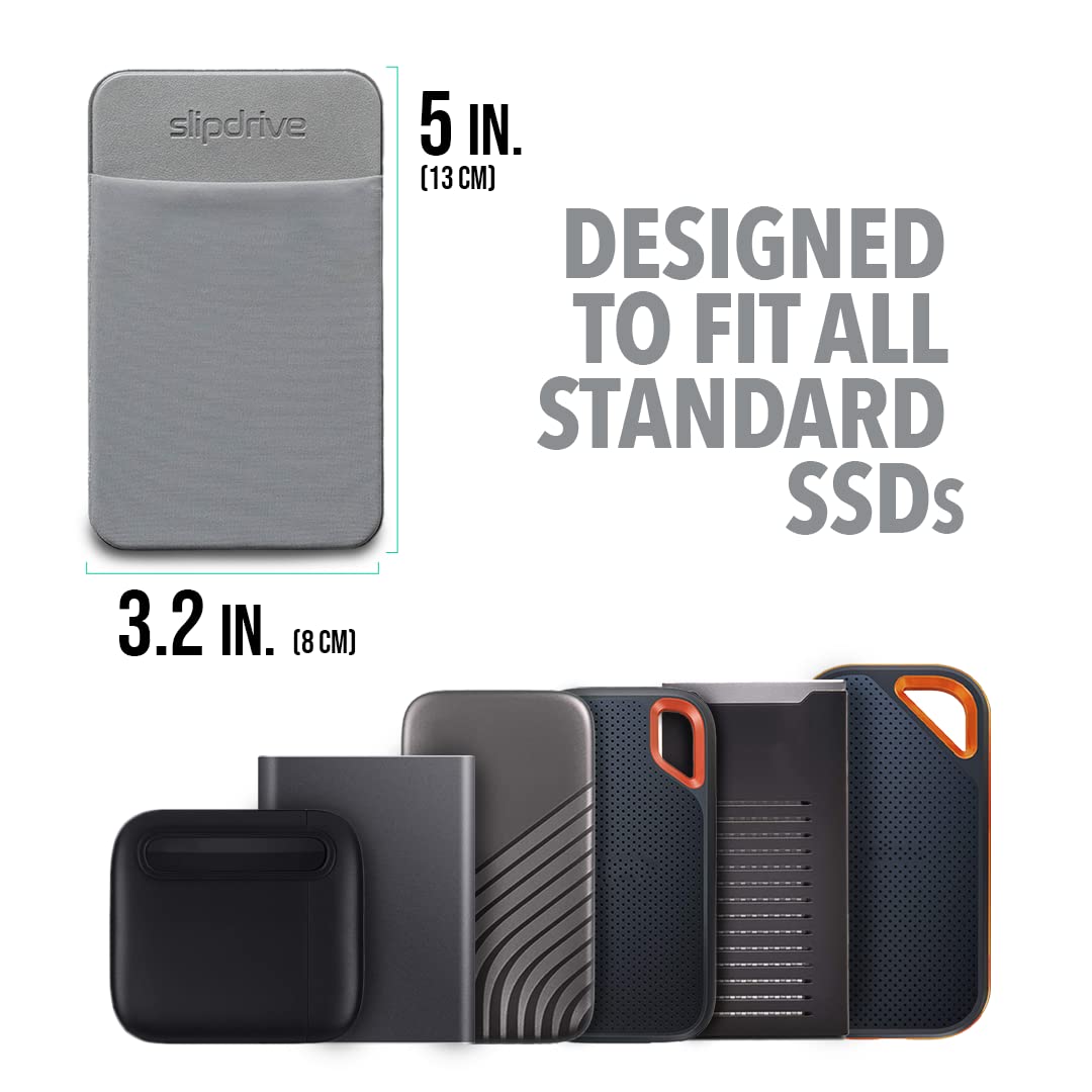 Slipdrive - Portable Hard Drive Sleeve for Laptop - SSD Solid State Drive - Reusable Adhesive - 5” x 3.2” Stick on External Hard Drive Carrying Case - Travel Pocket Pouch (Small, Gray)