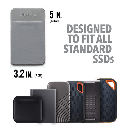 Slipdrive - Portable Hard Drive Sleeve for Laptop - SSD Solid State Drive - Reusable Adhesive - 5” x 3.2” Stick on External Hard Drive Carrying Case - Travel Pocket Pouch (Small, Gray)