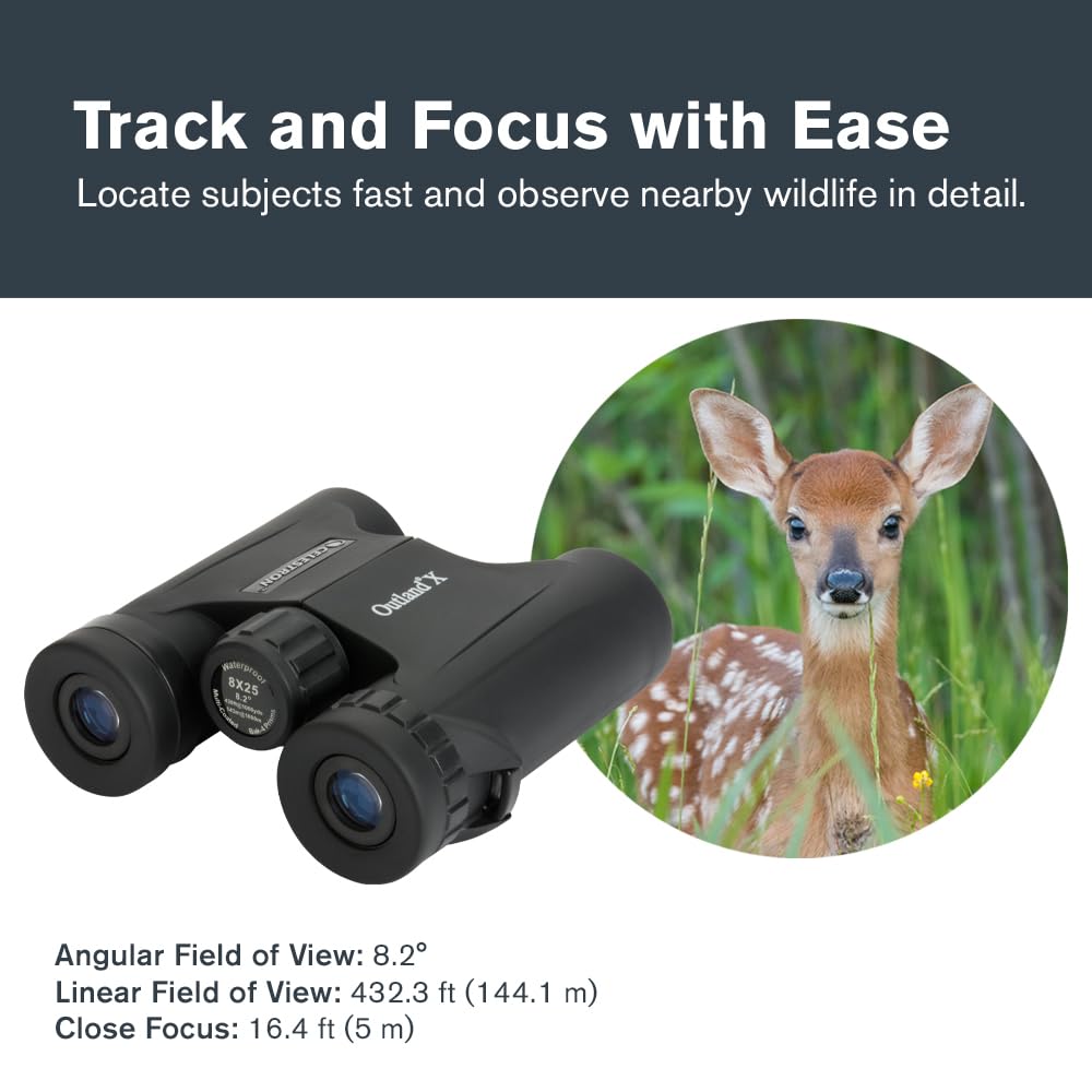 Celestron - Outland X 8x25 Binoculars – Ideal for Birding and Outdoors – 25mm Objective Lenses – Wide 8.2° Field of View – BaK-4 Prisms – Multi-Coated – Waterproof and Fogproof