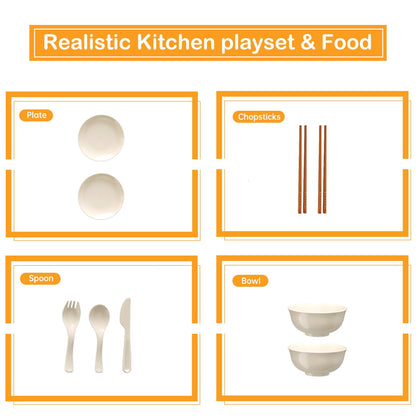 Bruvoalon 32Pcs Kids Play Kitchen Toys Set, Toddlers Pretend Cooking Playset Acccessories with Pots Pans, Utensils Cookware, Foods, Canned Veges, Learning Gift for Kids Girls Boys (Green)