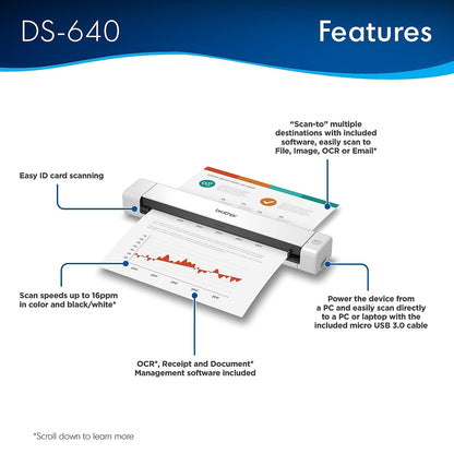 Brother DS-640 Compact Mobile Document Scanner, (Model: DS640) 1.5"x2"x11.9"