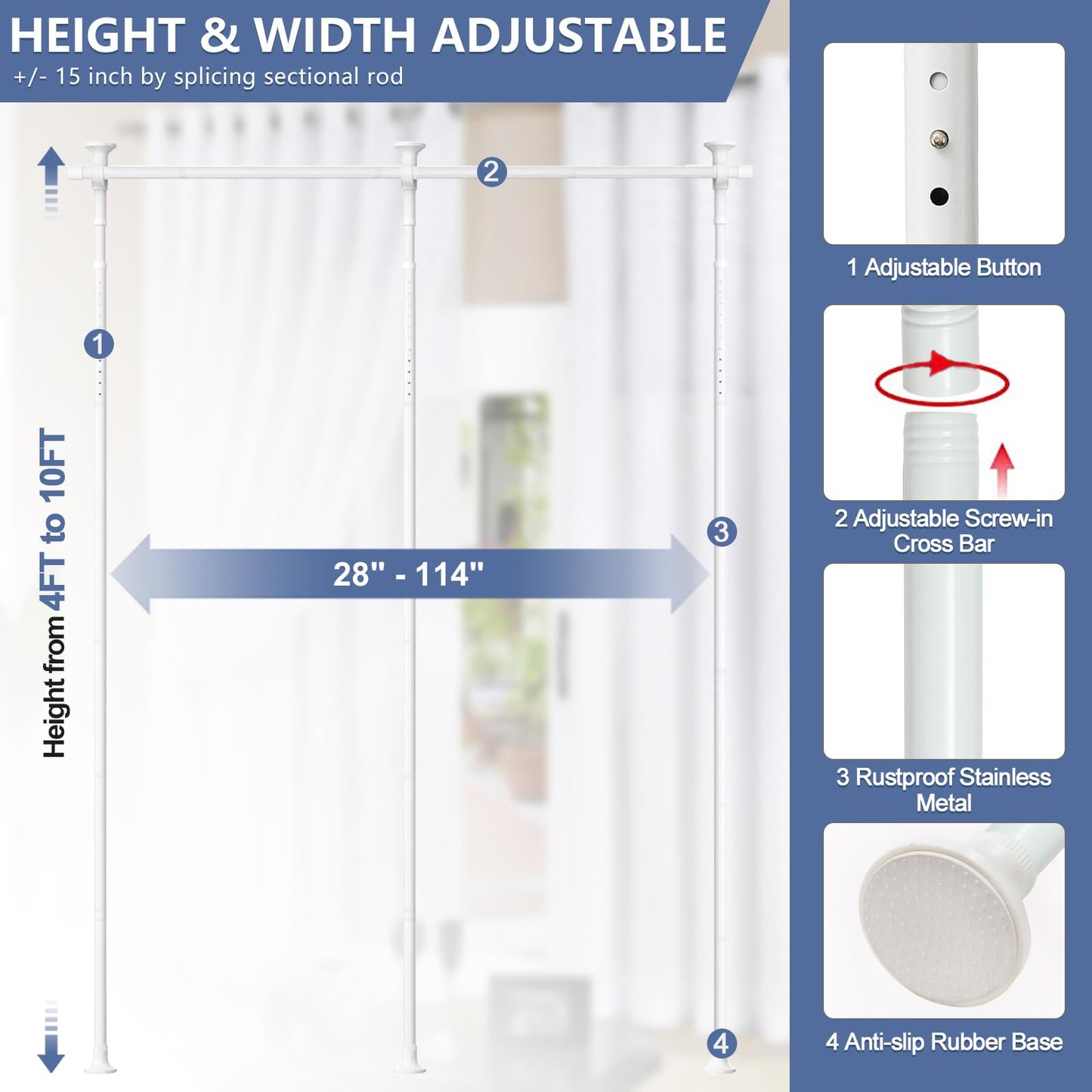 Room Divider, No Drilling Curtain Rod for Room Separation, 4-10ft (H) 28-114inch(W) Adjustable Heavy Duty Floor to Ceiling Tension Rod Wall Dividers Temporary Privacy Separator Window Rods White