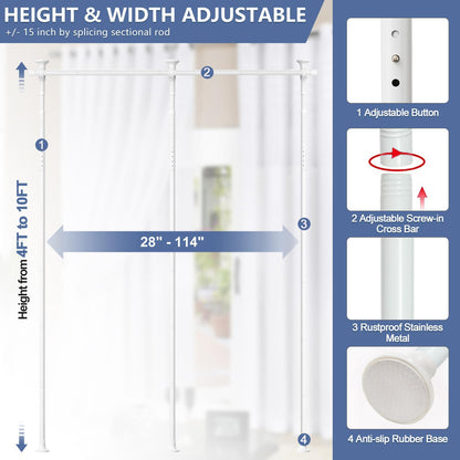 Room Divider, No Drilling Curtain Rod for Room Separation, 4-10ft (H) 28-114inch(W) Adjustable Heavy Duty Floor to Ceiling Tension Rod Wall Dividers Temporary Privacy Separator Window Rods White