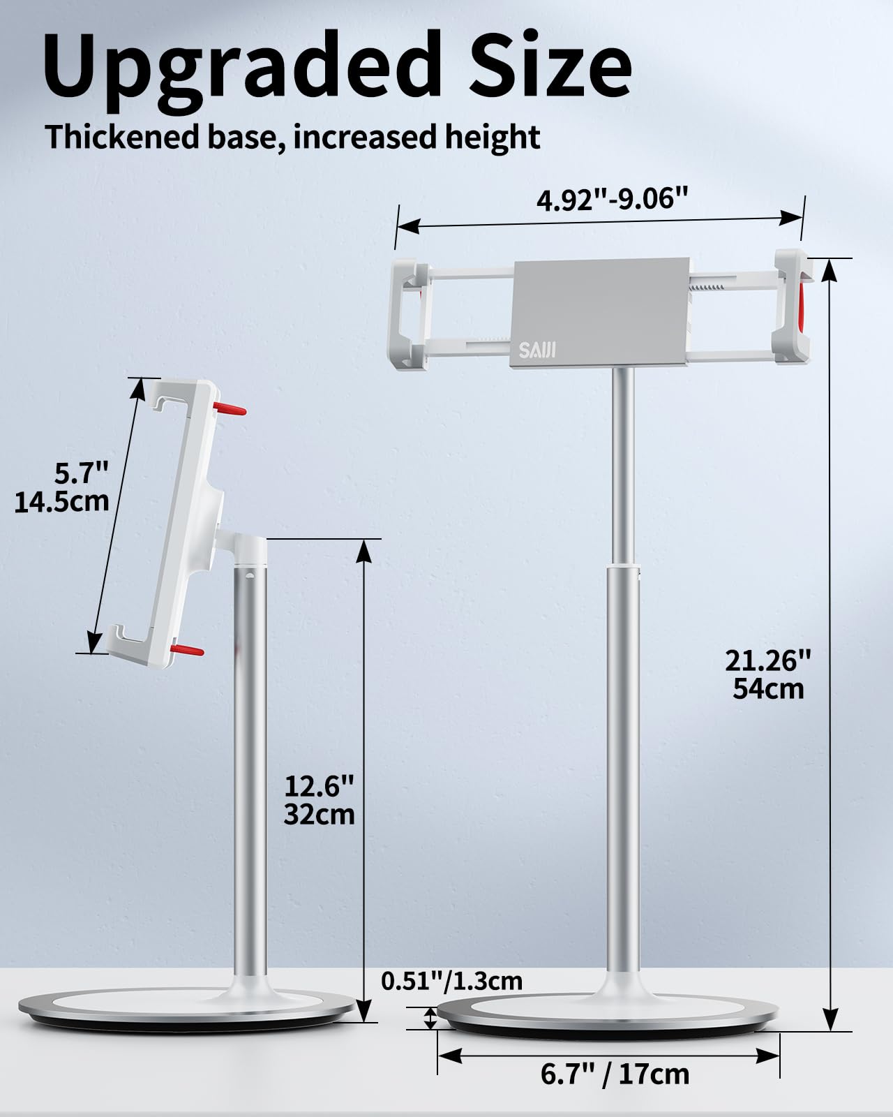 SAIJI Tablet Stand Holder, Height Adjustable Portable Monitor Stand, 360 Degree Rotating, Aluminum Alloy Cradle Mount Dock for 4.7"-15.6" Screen iPhone Samsung, iPad, Kindle, eBook Reader (Silver)