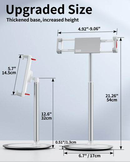 SAIJI Tablet Stand Holder, Height Adjustable Portable Monitor Stand, 360 Degree Rotating, Aluminum Alloy Cradle Mount Dock for 4.7"-15.6" Screen iPhone Samsung, iPad, Kindle, eBook Reader (Silver)
