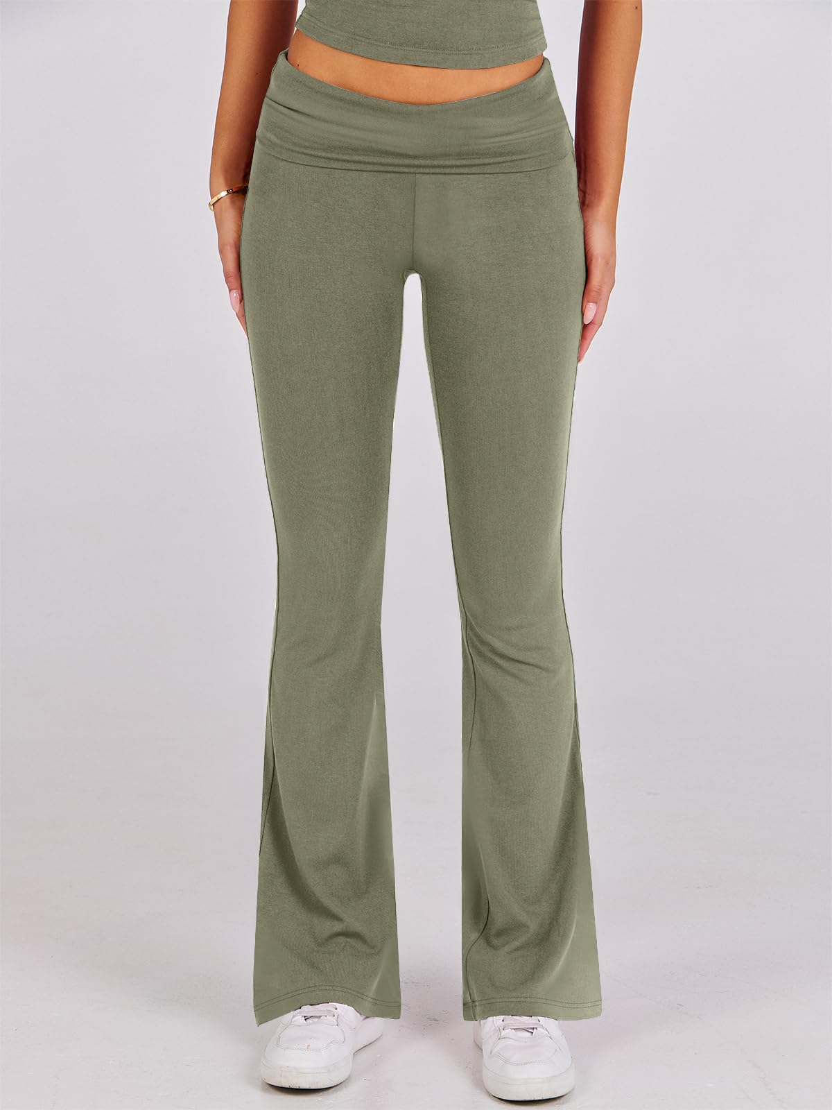 ANRABESS Lounge Sets for Women 2 Piece Foldover Yoga Flare Leggings Pants Crop Tops Casual Y2K Outfits Matching Tracksuit Set Olive Small