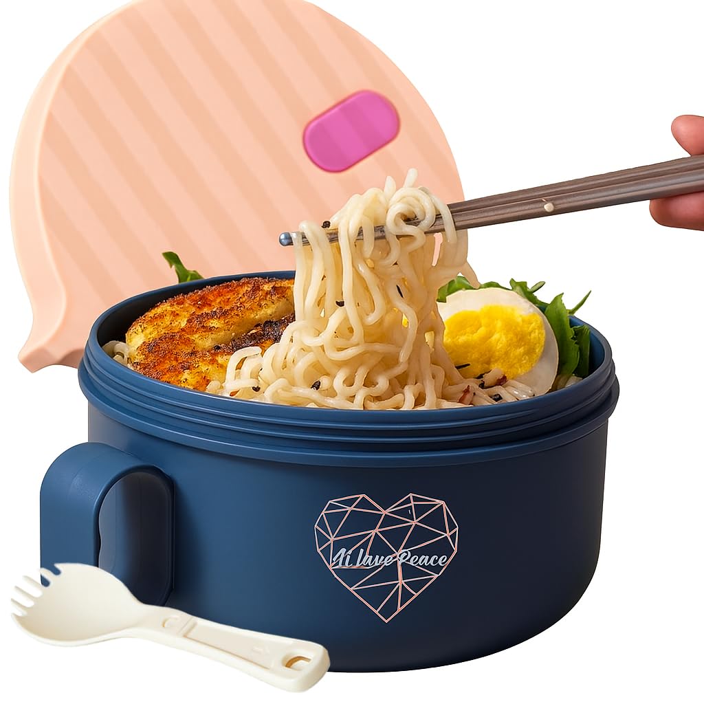 AI LOVE PEACE Ramen Bowl, 40 oz Microwaveable Noodle Cooker for Ramen, Pho, Soup, and Pasta, Dishwasher Safe and Portable, Ideal for Home, Office, Dorm, or Gift (Pink)
