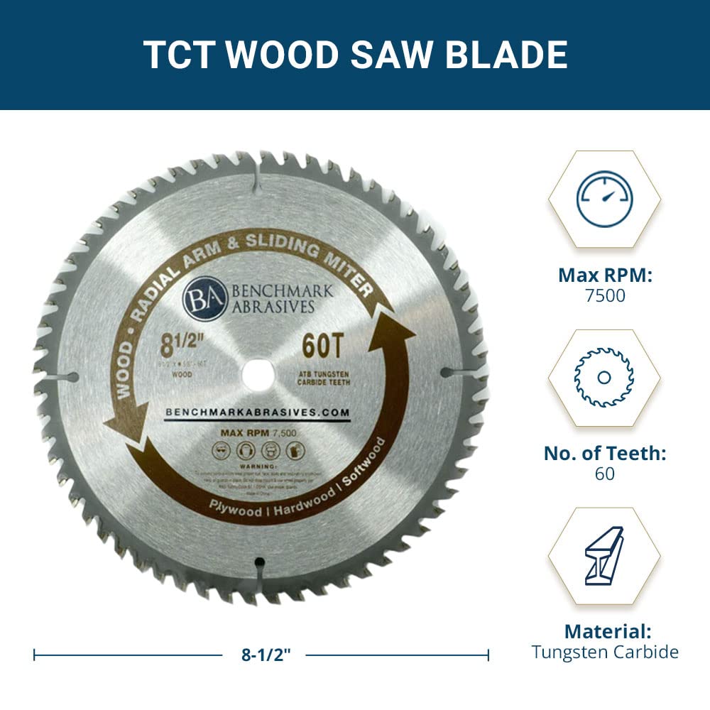 Benchmark Abrasives TCT 8 1/2 Inch Circular Saw Blade, Tungsten Carbide Tipped for Cutting, Plywood, Hardwood, Wood Carving, MDF Panel - Small Circular Saw Wood Cutting Tool - (8-1/2", 60 Tooth)