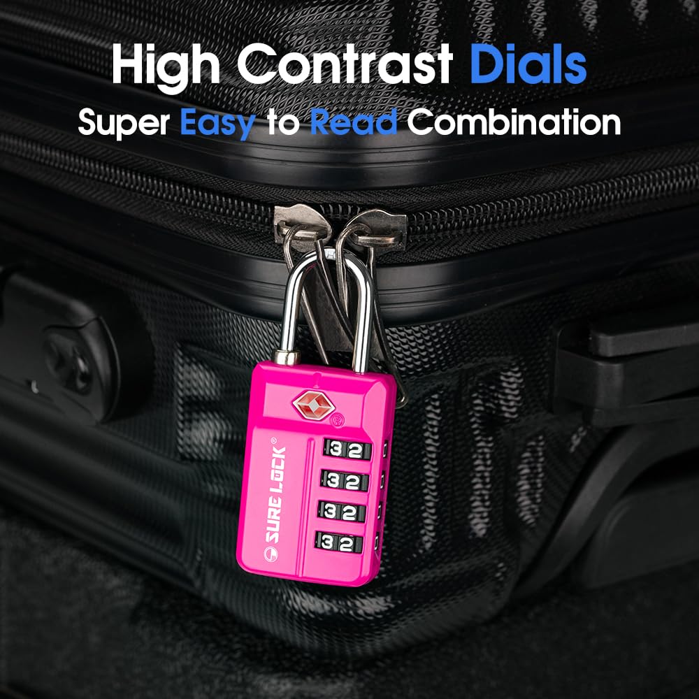 SURE LOCK TSA Approved 4-Digit Resettable Combination Luggage Locks with Open Alert, Easy-Read Dials - for Luggage, School Lockers, Gym, Office, Toolbox & Security Cases (Pink 1 Pack)
