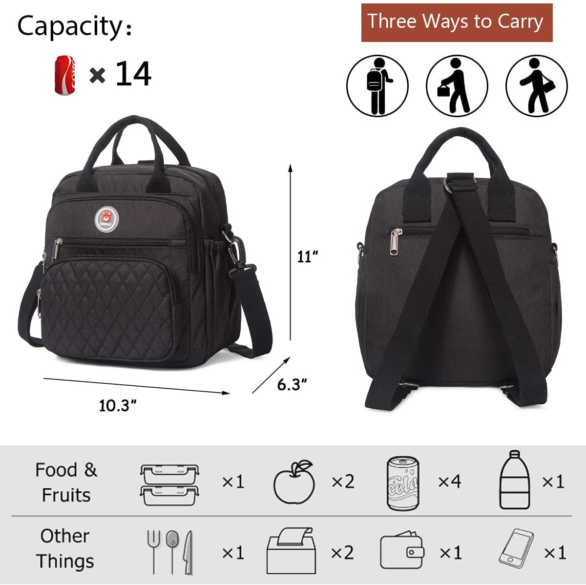 EKERHO Insulated Lunch Bag Backpack for Women/Men, 3 carrying way Lunch Tote, Large Waterproof Cooler Box with Side pockets for Adults, College, Work, Beach, Picnic, Black