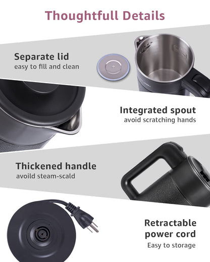 WTJMOV 0.6L Small Electric Tea Kettle Lightweight, 20 Ounce Double Wall Hot Water Boiler Stainless Steel Auto Shut-off, 120V Portable Travel Electric Kettle Fast Boil for Tea and Coffee, Black