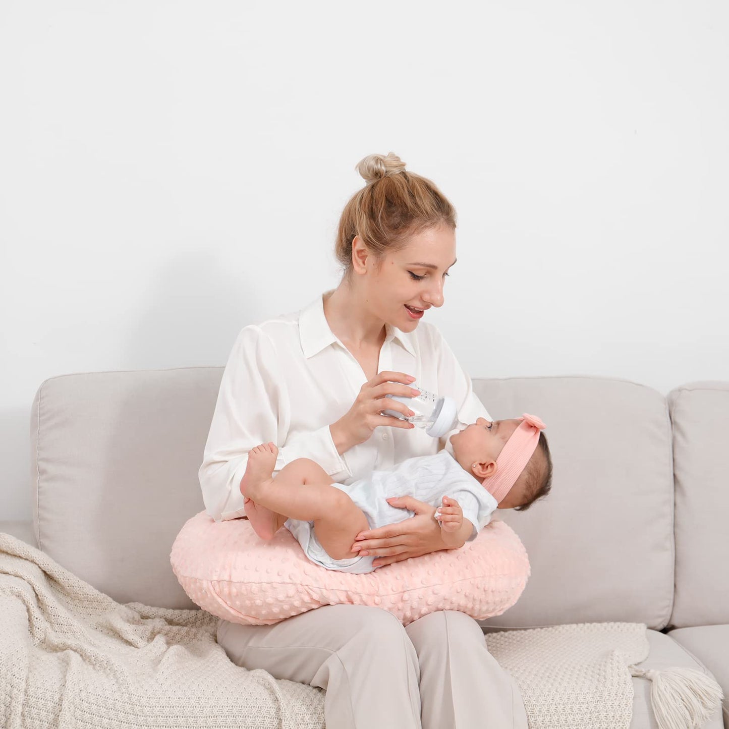 QUENESS Nursing Pillow Cover Breastfeeding Pillow Cases Plush Dot Slipcover (LightPink)