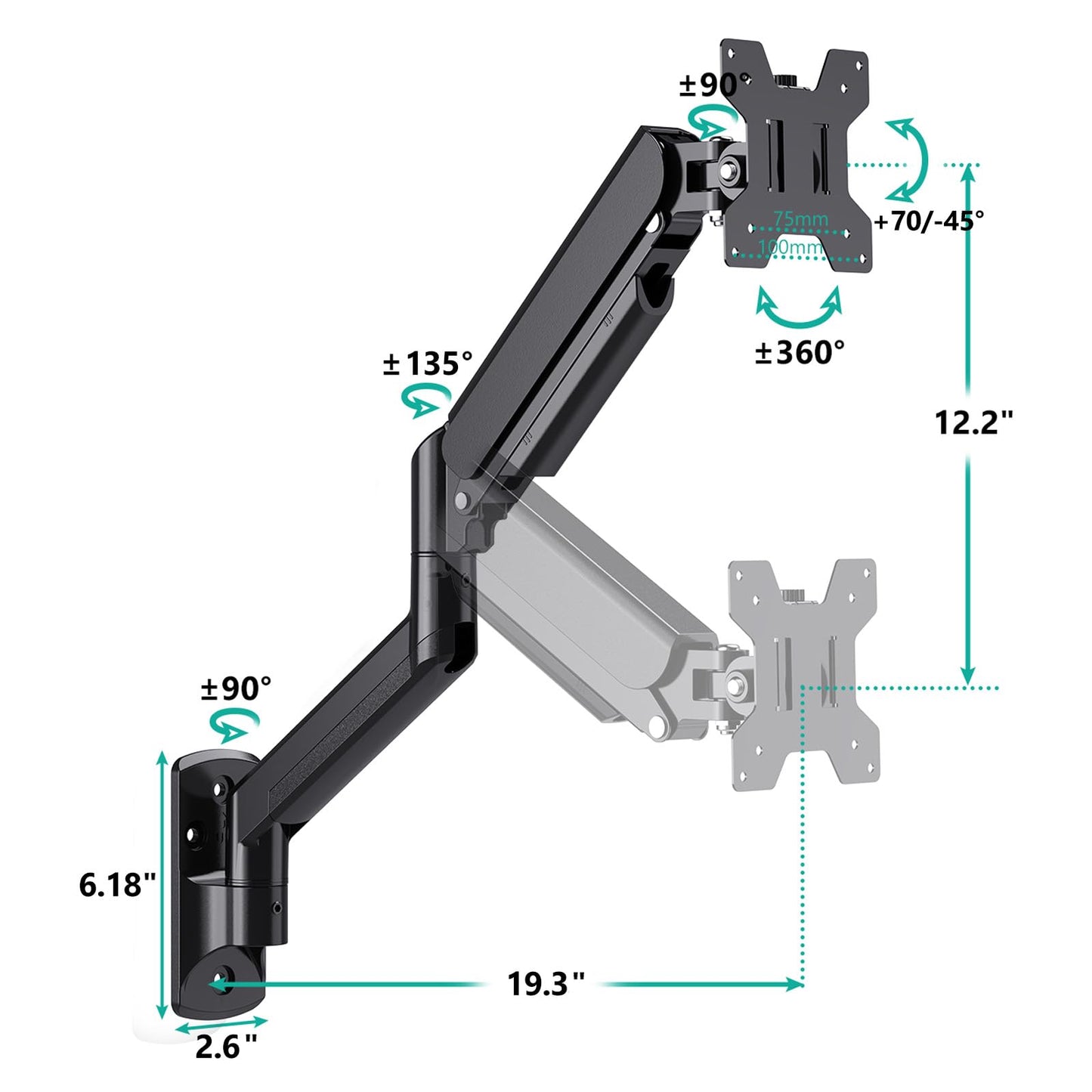 WALI Computer Monitor Wall Mount for 17 to 32 Inch Screens, Single Monitors Mount Holds up to 22lbs, Fully Adjustable Gas Spring Wall Mount Monitor Arm, 75x75/100x100mm VESA Mount (GSWM001), Black